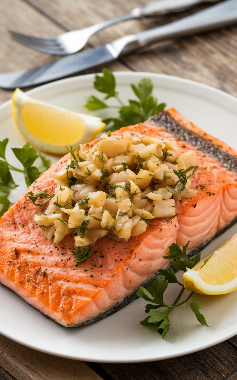 Delicious garlic butter salmon fillet garnished with herbs and lemon, served on a rustic table.